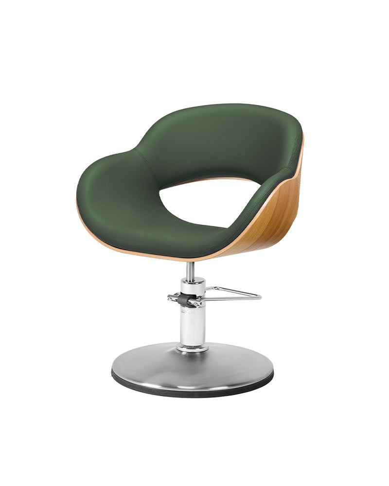 Thea Wood - Sedia da parrucchiere in legno verde con base tonda cromata